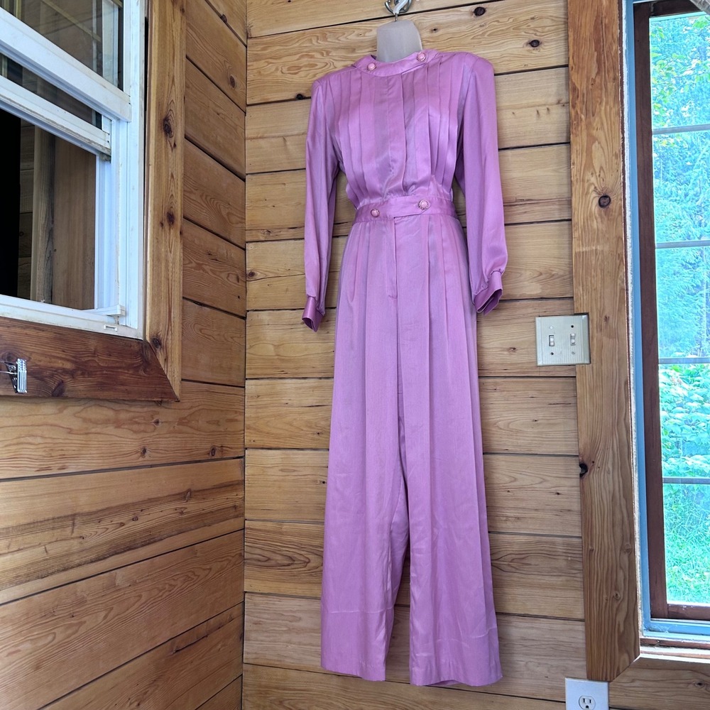 Vintage Jumpsuit Womens Medium Pink 80s Satin Pleated Wide Leg Disco Loriann